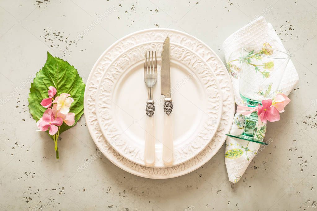 Easter, spring or summer table setting design from above