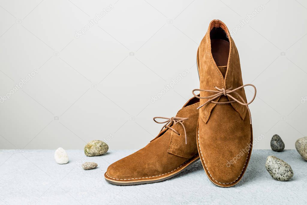 Fashion - men's camel suede desert shoes (boots) on grey