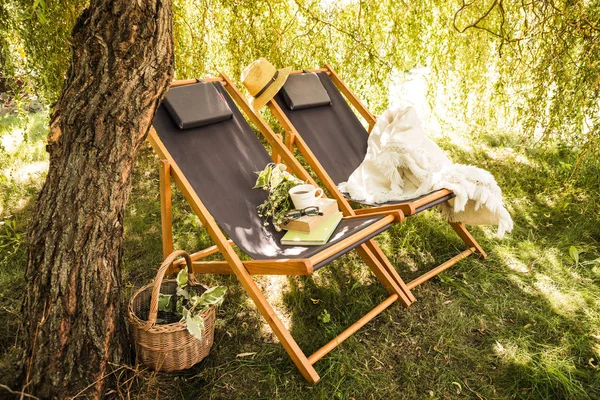Duas Cadeiras Madeira Café Manhã Livros Debaixo Árvore Verão Fim — Fotografia de Stock