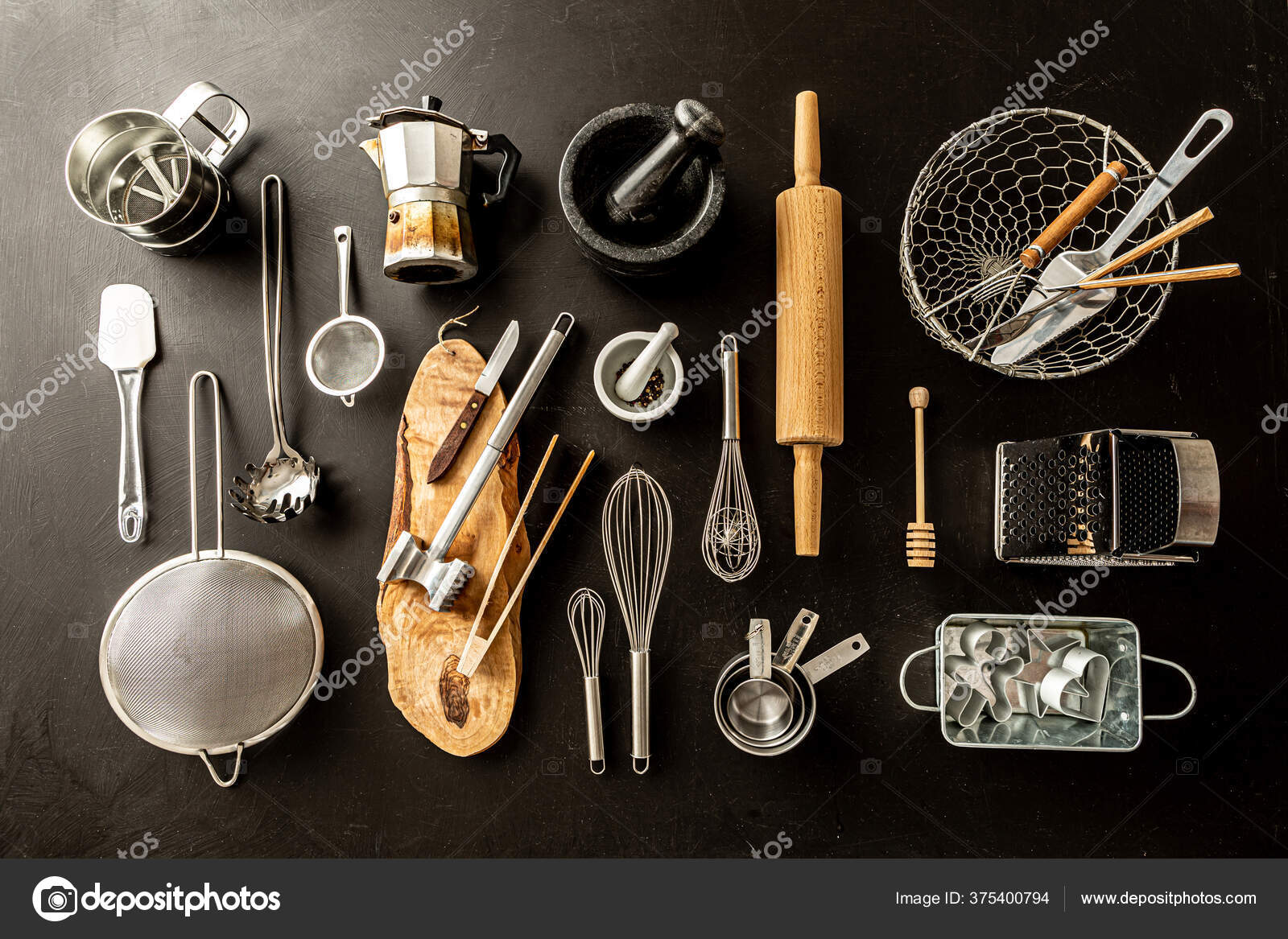 Kitchen Utensils Cooking Tools Black Chalkboard Background Kitchenware