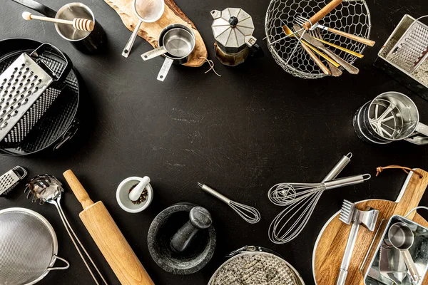 Kitchen Utensils Cooking Tools Black Chalkboard Background Kitchenware Collection Captured — Stock Photo, Image