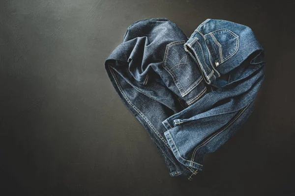 Clothing Heart Shape Made Two Pairs Jeans Denim Trousers Captured — Stock Photo, Image
