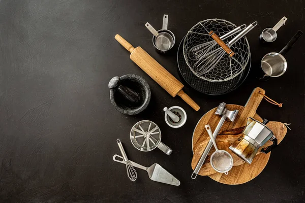 Kitchen Utensils Cooking Tools Black Chalkboard Background Kitchenware Collection Captured — Stock Photo, Image