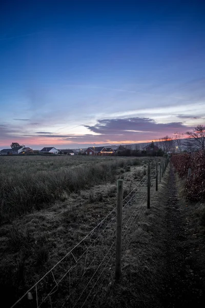 Coucher Soleil Coloré Sur Champ Premier Plan — Photo