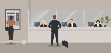Banka ofisi iç: Banka memurları cam, Atm veya nakit makinesi, bin ile bariyer arkasında oturup. Zarif iç finans kurumu. Saksıda bitki monstera ile banka sayacı ile Hall. Vektör çizimi