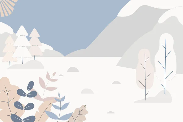 Φανταστικό χαριτωμένο χειμερινό τοπίο. Μοντέρνα φυτά μόδας, φύλλα, μου — Διανυσματικό Αρχείο