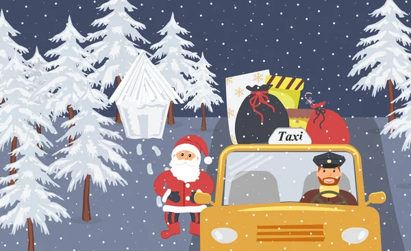 圣诞前夕：圣诞老人乘黄色出租车去度假 — 图库矢量图片