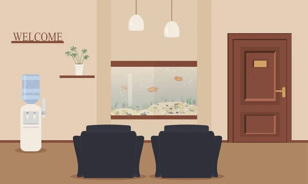 Korridor mit niedlichem Fischbecken. Aquarium mit Fischen als Design-Elementen — Stockvektor