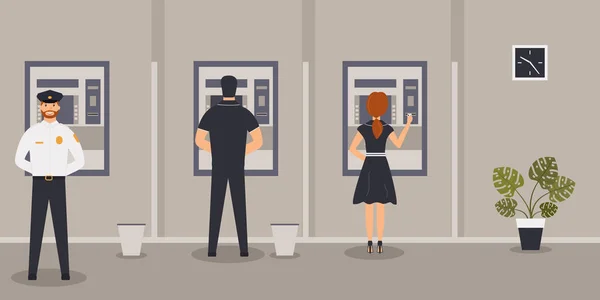 Bankfiliale: Bankkunden stehen in der Nähe von Geldautomaten oder Geldautomaten — Stockvektor