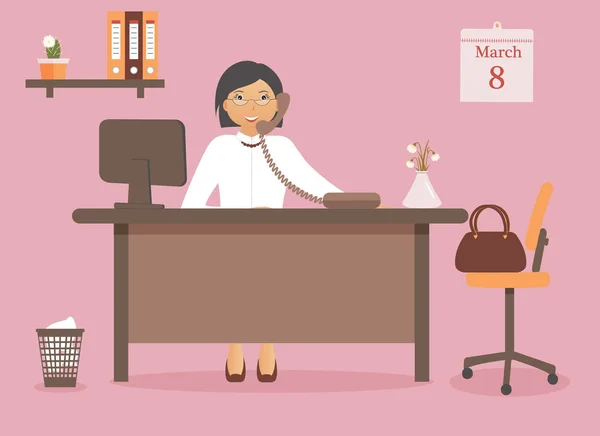 Симпатична жінка в офісі за столом на день міжнародних жінок — стоковий вектор
