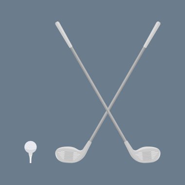 İki çapraz golf sopası, bir top ve bir golf standı.