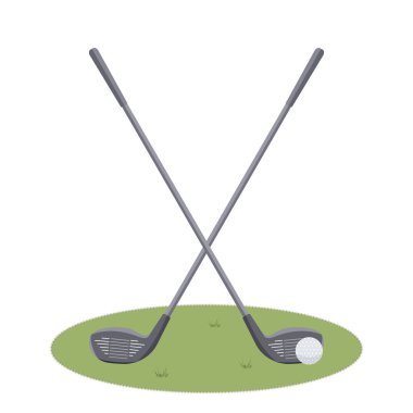 İki güzel çapraz golf sopası ve yeşil çimlerin üzerinde bir top. 