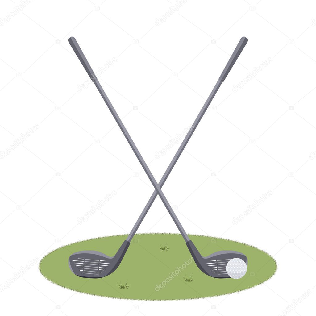 Two beautiful crossed Golf clubs and a ball on cute green grass 