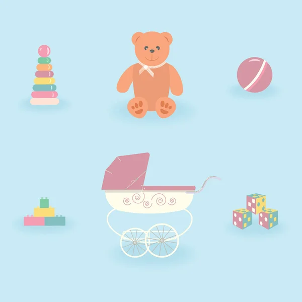 Lindos juguetes para niños para niñas en colores rosados suaves.Funny Teddy be — Vector de stock