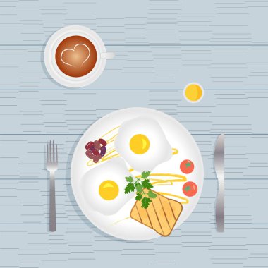 Kahvaltı yemekleri ve sağlıklı sabah yemekleri - kızarmış yumurta, tost, sebze