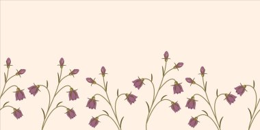 8 Mart ya da yaz teması için yumuşak pembe arka planda bulunan muhteşem BlueBell çiçeklerinden ve tomurcuklardan kusursuz bir sınır. Şirin bahar çiçekli fon.