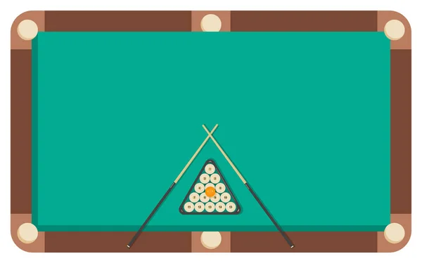 Pool table with set of billiard balls: 15 white shining balls with numbers,yellow cue ball, two crossed cues and a triangle.A kit of equipment for playing Billiards.Vector flat illustration
