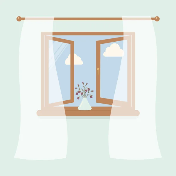 木质窗户 以郁金香为设计元素的室内照明背景 春天的天空和白云 在窗台上挂上蓝铃花的Vase — 图库矢量图片