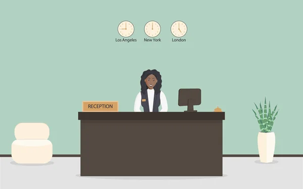 Recepcionista Mulher Negra Por Trás Local Trabalho Hotel Banco Interior —  Vetores de Stock
