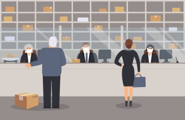 Virüs salgını sırasında postane açıktır. Koruyucu tıbbi maskeli ofis çalışanları müşterilere hizmet eder. Posta pulları, paketler, bariyerler, insanlar, raflar, kutular var. Vektör illüstrasyonu