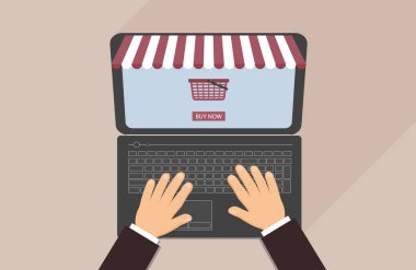 Çevrimiçi alışveriş kavramı: erkeklerin ellerinin yakın çekimi, çizgili vizörlü bir dizüstü bilgisayarla internetten sipariş vermeleri. Yazı şimdi alınıyor, sepet de ekranda. Vektör düz resimleme