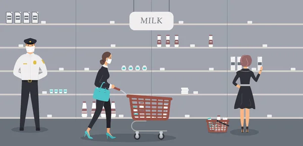 病毒流行期间 杂货店开门营业 戴防护口罩的保安人员和顾客在奶品部门半空货架上挑选牛奶和其他产品 — 图库矢量图片
