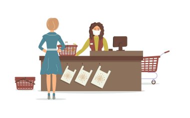 Virüs salgını sırasında bakkal. Kasiyer kasanın arkasında, elinde süt ve süt ürünleri olan müşteriye hizmet veriyor. Teller 'ın süpermarketteki iş yeri.