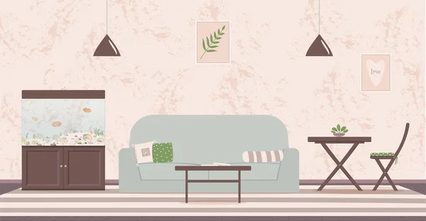 室内装饰有时尚舒适的家具 水族馆和室内装饰 舒适的客厅布置成时髦的斯堪的纳维亚风格 平面彩色矢量插图 — 图库矢量图片