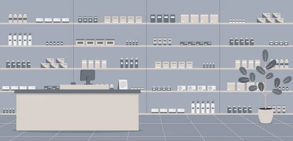 药房的内部没有人 药店里有药剂师的柜台 货架上有各种各样的药品和其他医疗产品 — 图库矢量图片