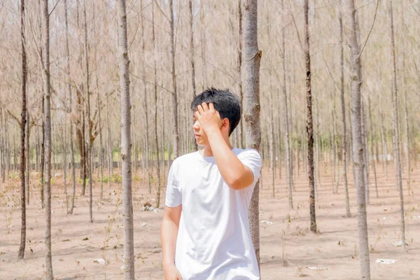 Tayland 'ın kuru ormanlarında beyaz pantalonlu Asyalı bir çocuk tek başına dikiliyor..