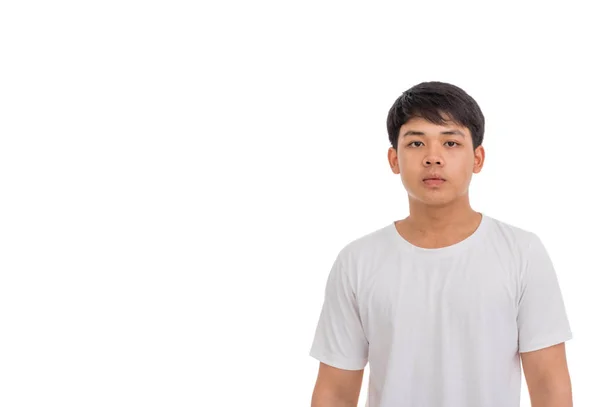 Foto Menino Asiático Camisa Branca Com Cabelo Preto Estúdio Fundo — Fotografia de Stock