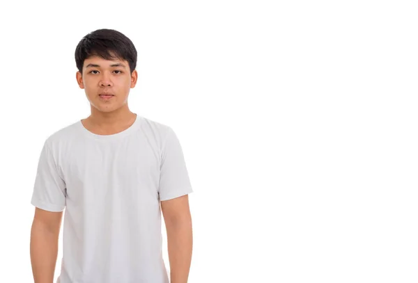 Foto Menino Asiático Camisa Branca Com Cabelo Preto Estúdio Fundo — Fotografia de Stock