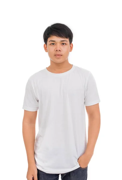 Zdjęcie Azjatyckiego Chłopca Białej Koszuli Czarnymi Włosami Stojącego Białym Tle — Zdjęcie stockowe