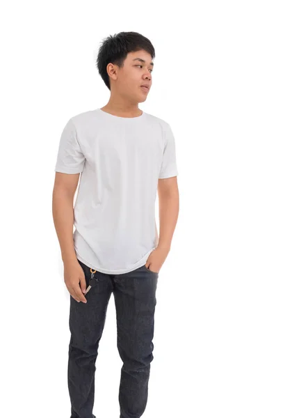 Фото Азиатского Мальчика Белой Рубашке Черными Волосами Смеется Студии Белый — стоковое фото