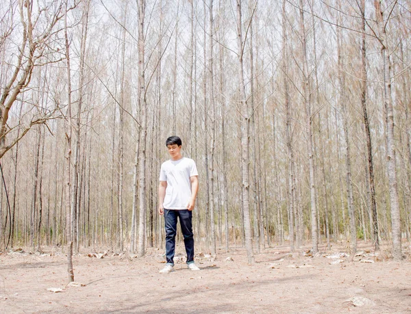 Tayland 'ın kuru ormanlarında beyaz pantalonlu Asyalı bir çocuk tek başına dikiliyor..