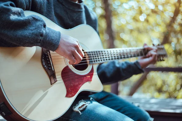 Akusztikus gitáron játszik a természetben, független stílusban — Stock Fotó