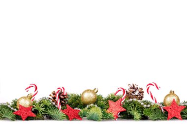 Noel sınır - ağaç dalları altın top, şeker ve dekorasyon