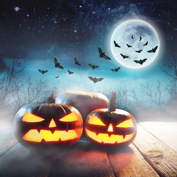 Halloween pompoen in een mystiek bos 's nachts — Stockfoto