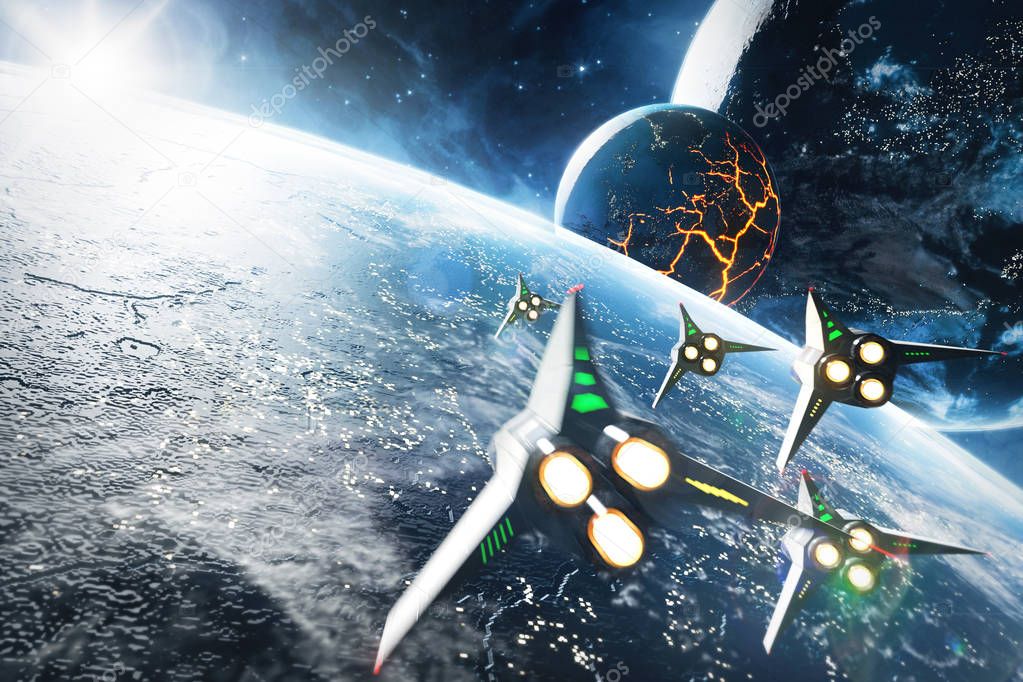 Five space ships flying to the collapsing planet. Elements of this image furnished by NASA