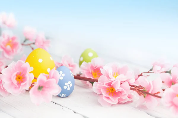 Coloridos huevos de Pascua y flores — Foto de Stock