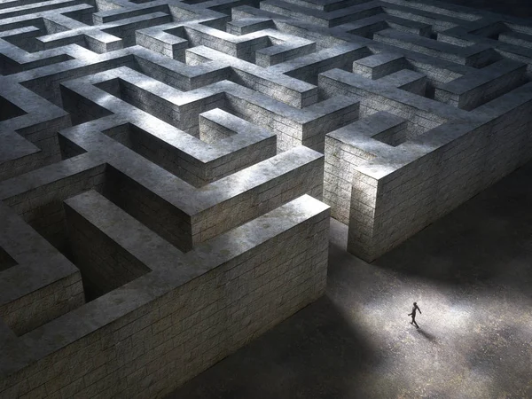 Man entering a huge mysterious maze. 3D Rendering — Stock Photo, Image