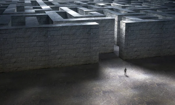Ein Mann steht am Eingang eines riesigen Steinlabyrinths. 3D-Darstellung — Stockfoto