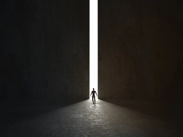 Man walking in a narrow light passage. 3D rendering. — Stock Photo, Image