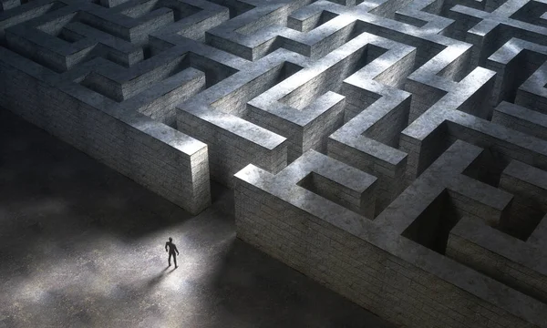 Small man entering a huge mysterious maze. 3d rendering — Stock Photo, Image