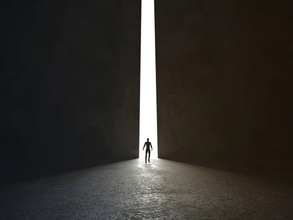 Der Mensch steht im Licht der Öffnung. 3D-Darstellung — Stockfoto