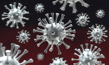 Koronavirüs hücrelerinin bilgisayar simülasyonu. Mikroskop virüsü yaklaşıyor. 3d oluşturma.