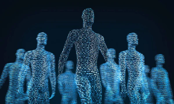 Multitud de personas digitales que caminan. El concepto de la simbiosis del hombre y la tecnología. renderizado 3d —  Fotos de Stock