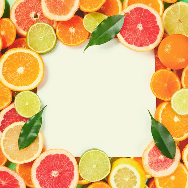 Marco de cítricos como lima, limón, naranja y mandarina con hojas de naranjo —  Fotos de Stock