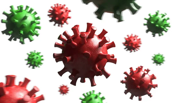 Punaisia ja vihreitä valkoisella pohjalla olevia koronavirussoluja. COVID-19 Coronavirus. 3d-renderointi — kuvapankkivalokuva