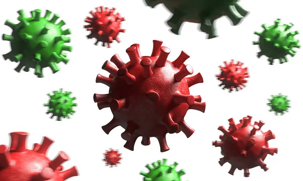 Células de coronavírus vermelho e verde isoladas em fundo branco. COVID-19 Coronavirus. Renderização 3d — Fotografia de Stock